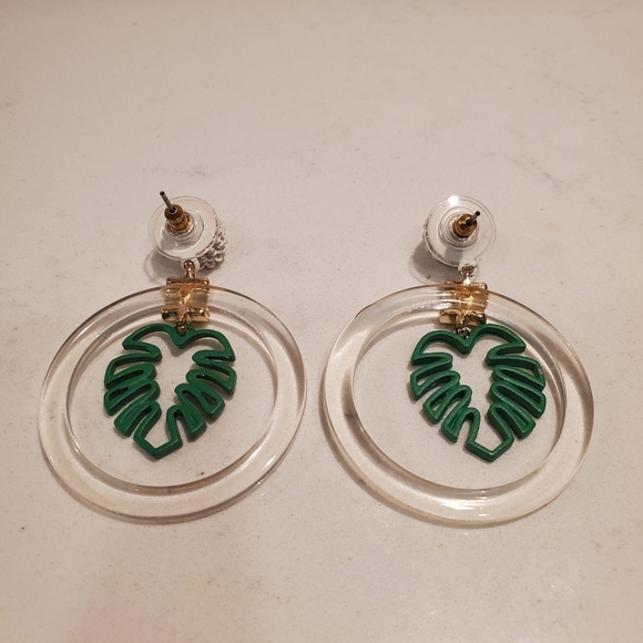 Monstera Clear Hoops Drop Dangle Earrings Boho - Picture 3 of 3